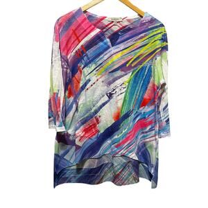 Jess & Jane Womens Tunic Top XL White Multicolor Abstract High Low Hem Artsy